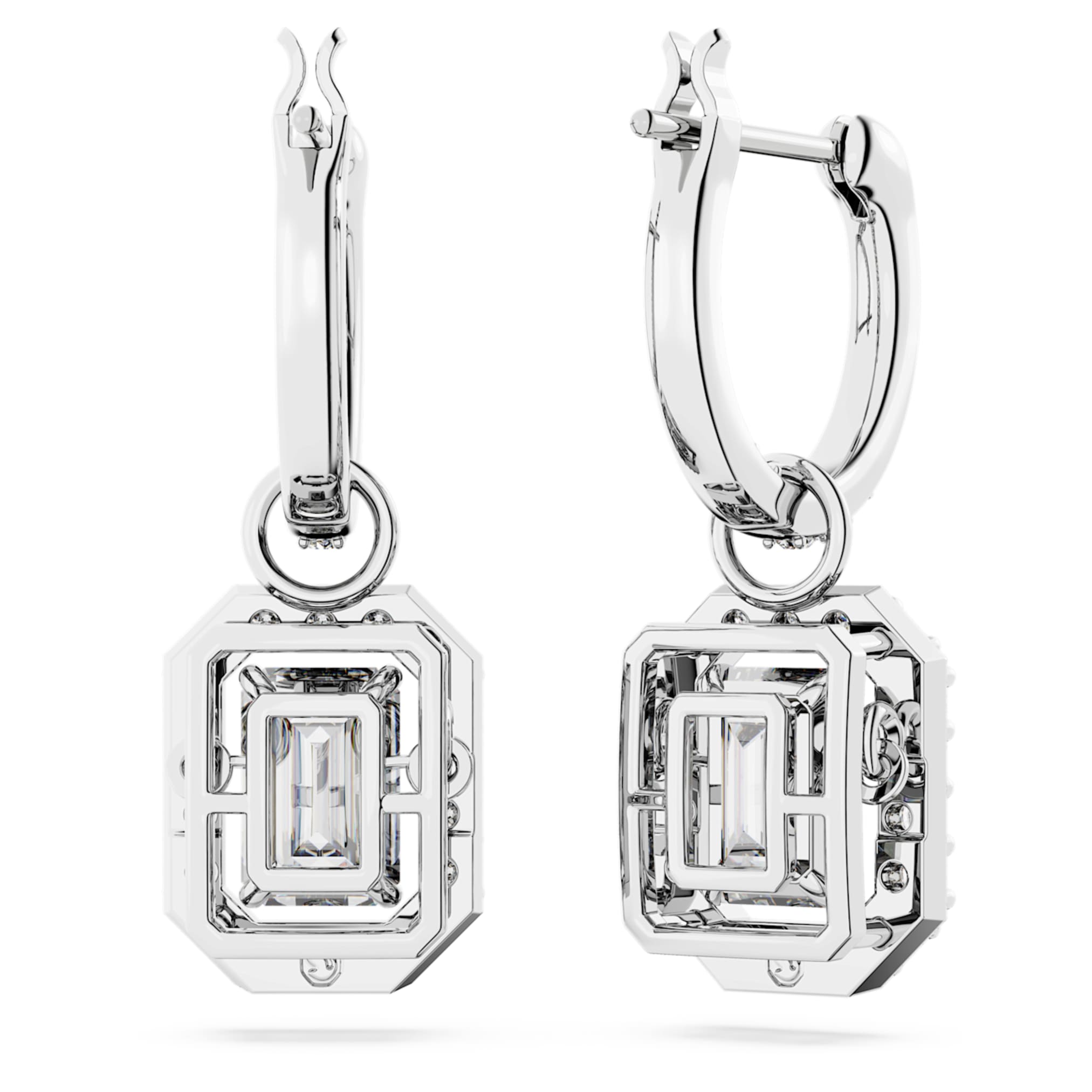 Swarovski Una drop earrings Octagon cut, White, Rhodium plated