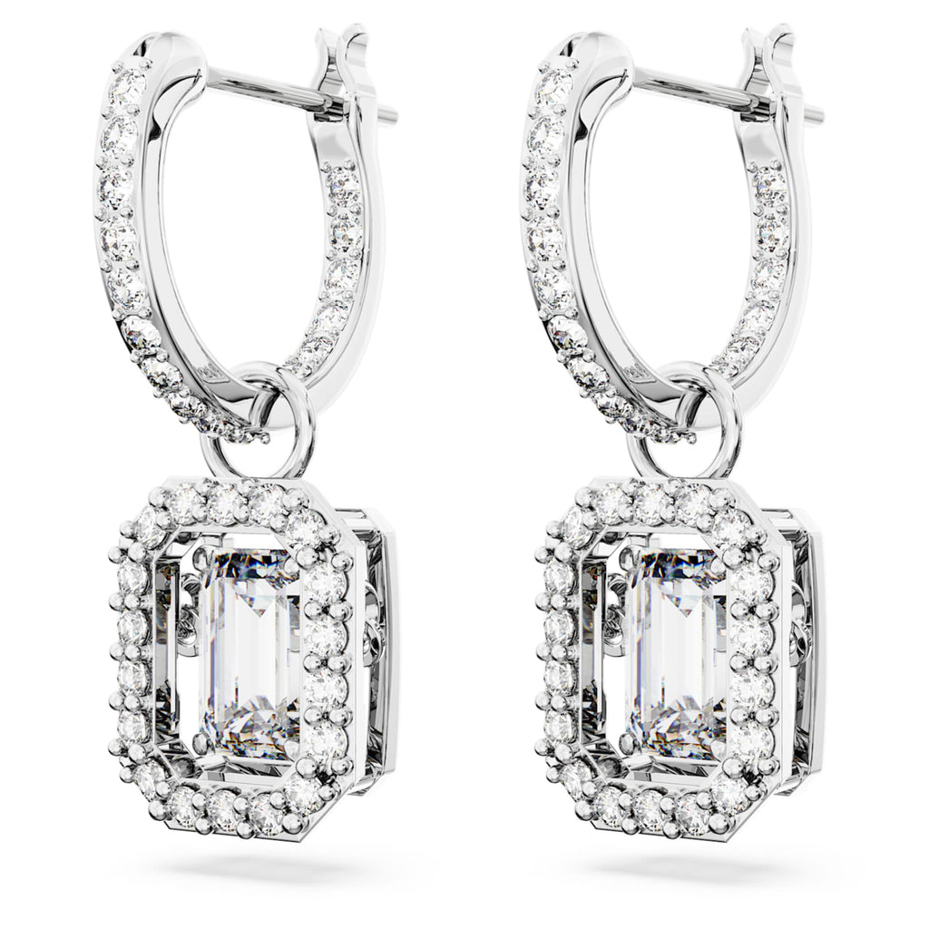 Swarovski Una drop earrings Octagon cut, White, Rhodium plated