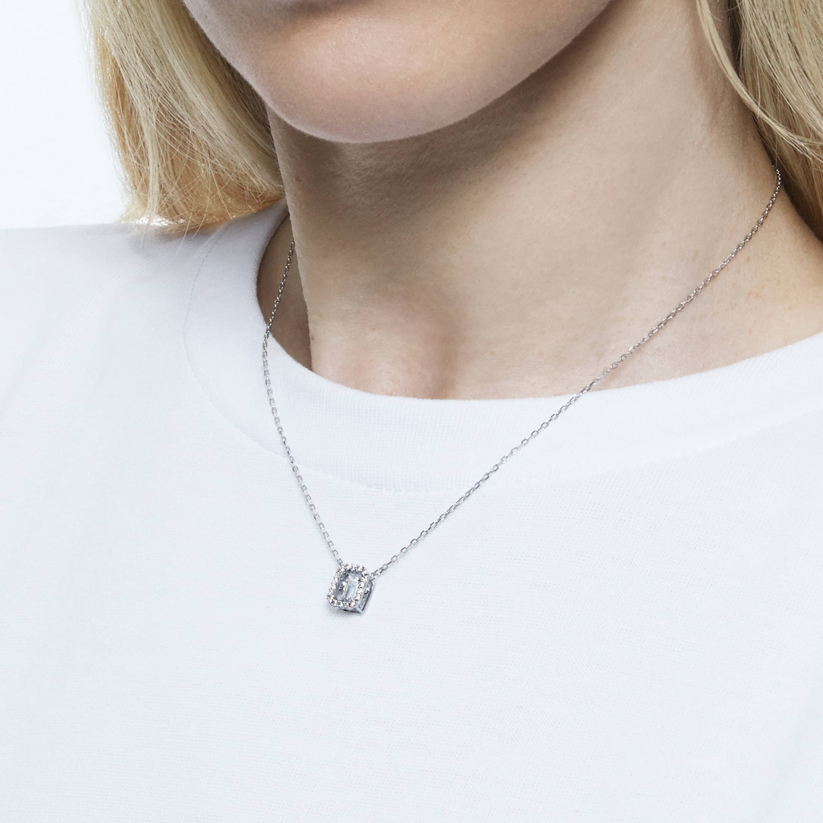 Swarovski Una necklace Octagon cut, Blue, Rhodium plated