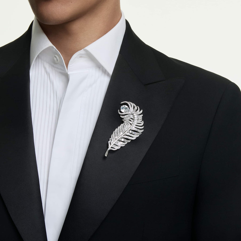 Swarovski Vienna brooch Mixed cuts, Feather, White, Rhodium plated
