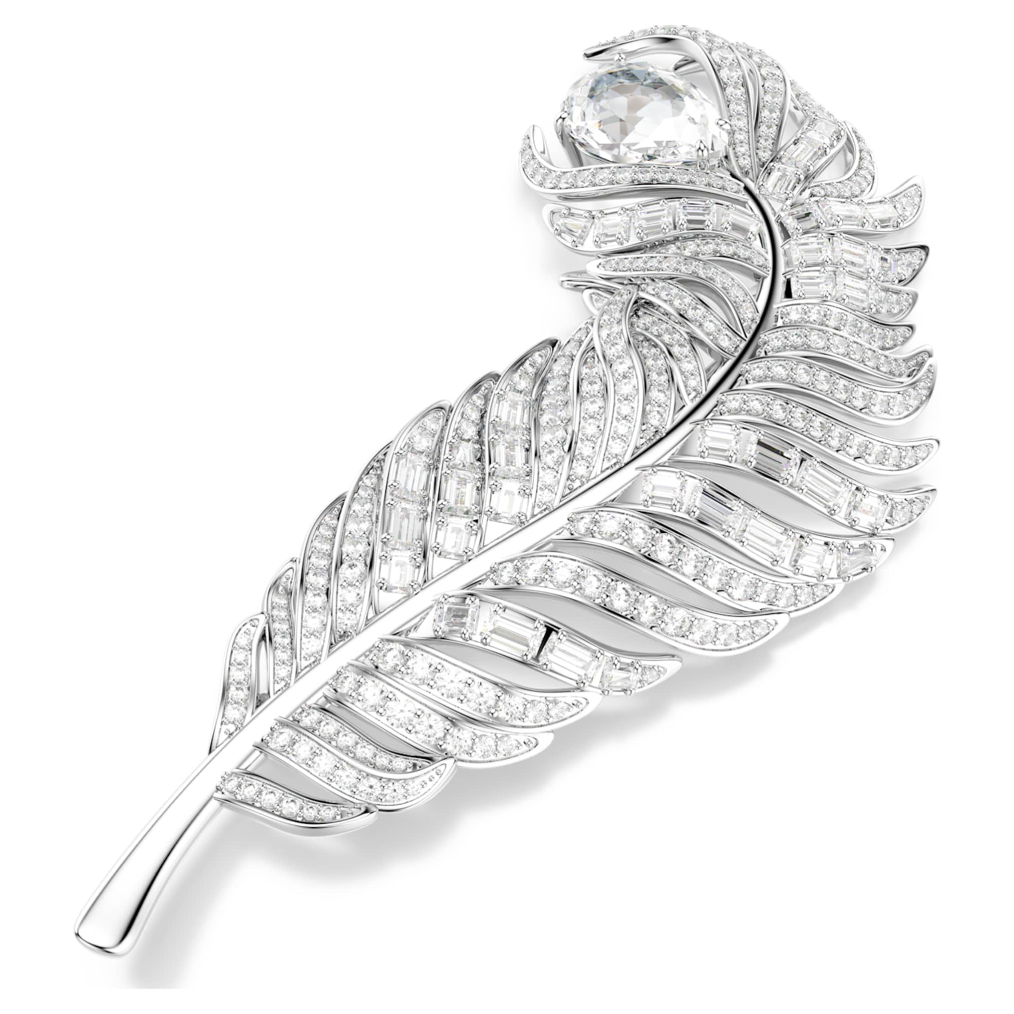Swarovski Vienna brooch Mixed cuts, Feather, White, Rhodium plated