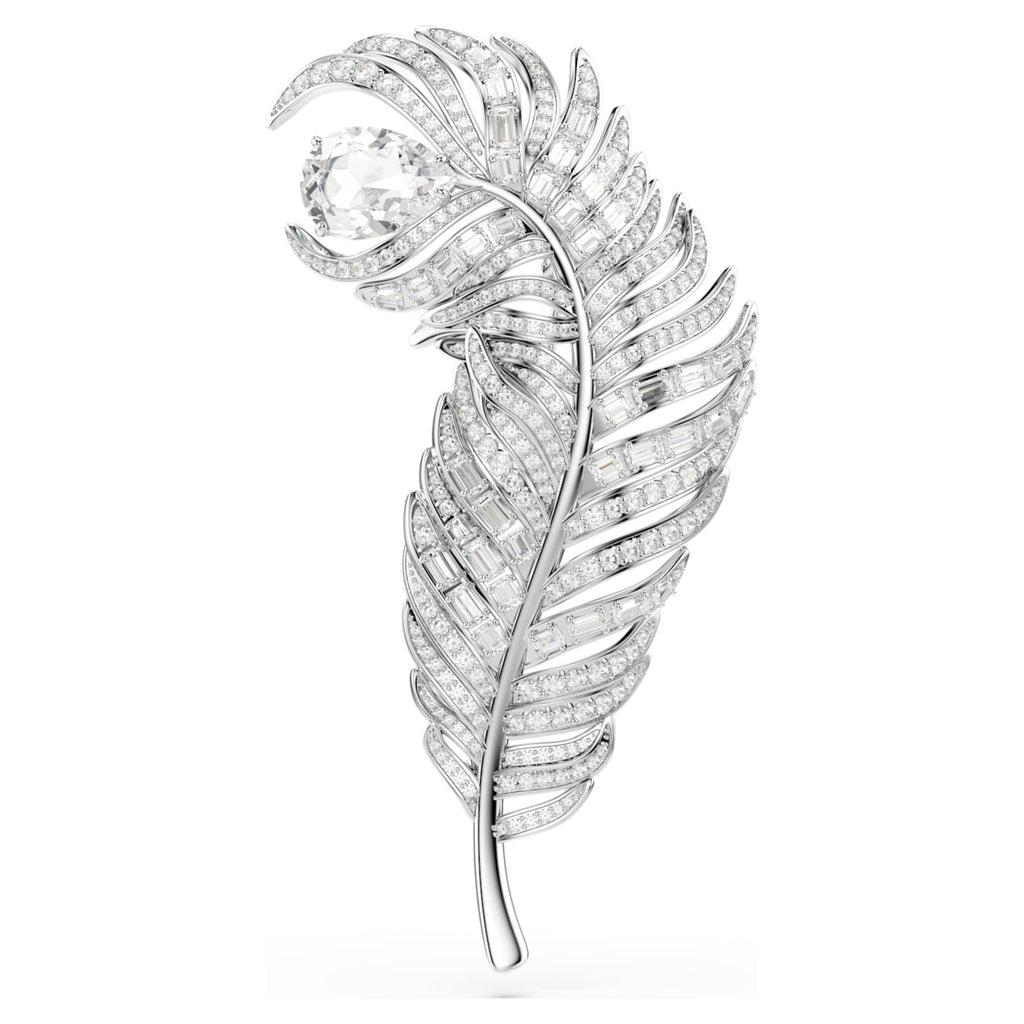 Swarovski Vienna brooch Mixed cuts, Feather, White, Rhodium plated