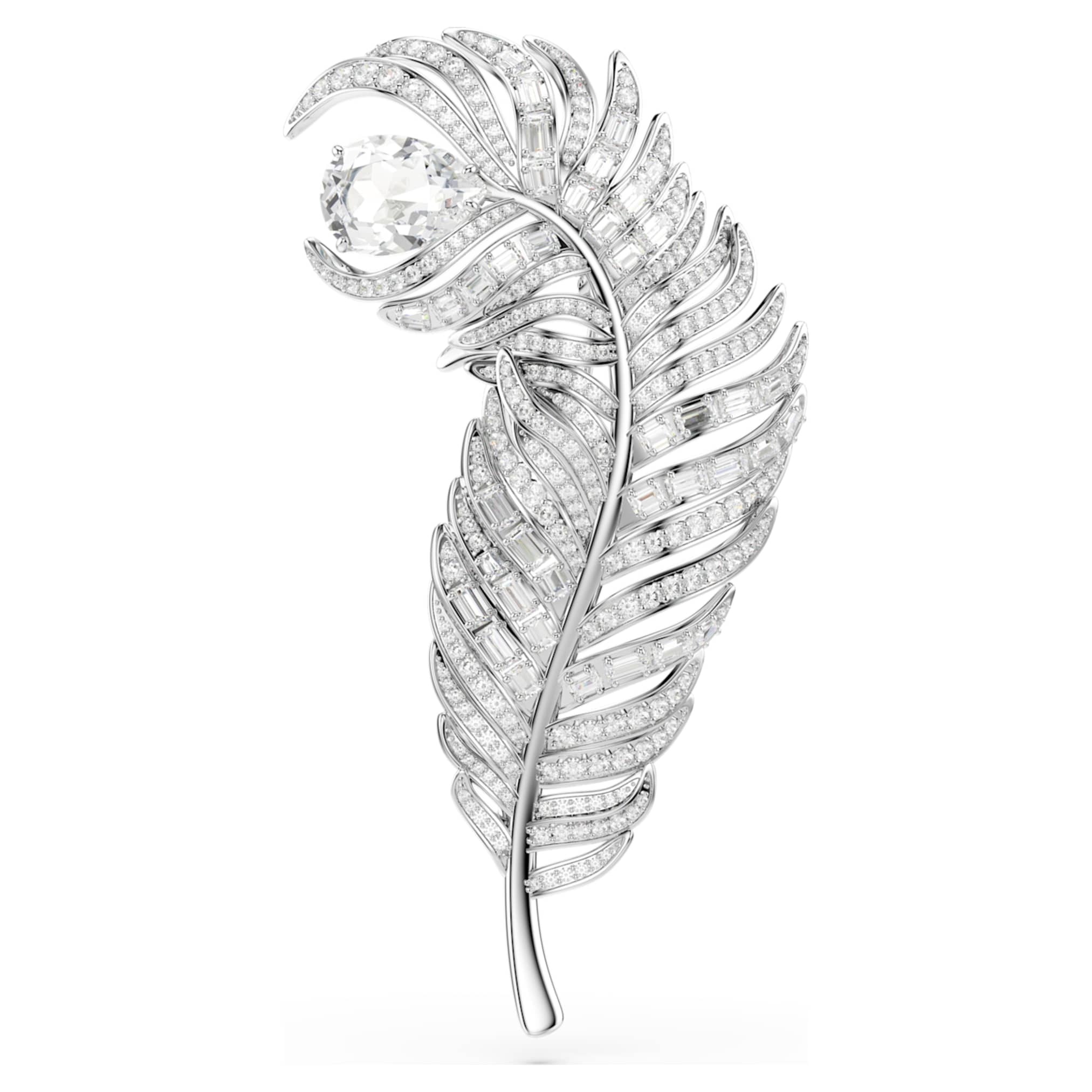 Swarovski Vienna brooch Mixed cuts, Feather, White, Rhodium plated