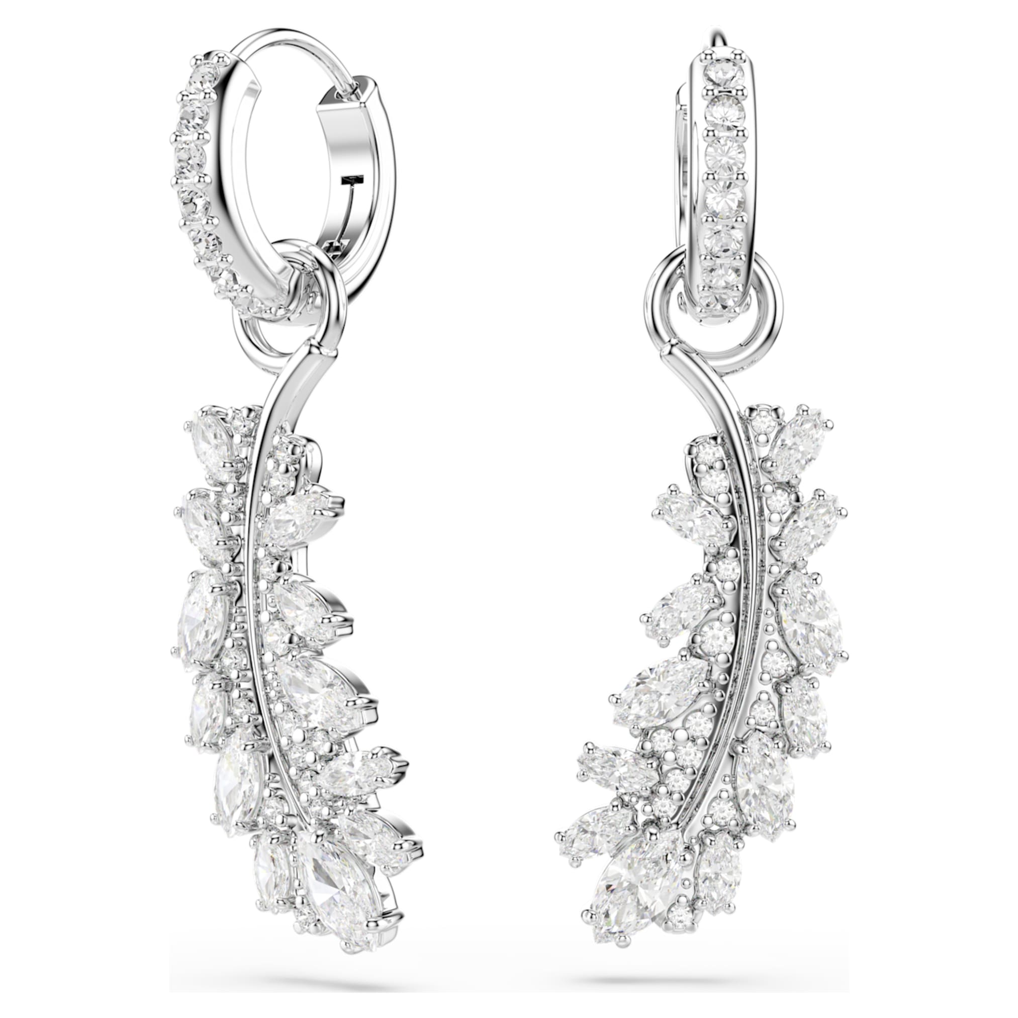 Swarovski Vienna earrings Mixed cuts, Feather, White, Rhodium plated