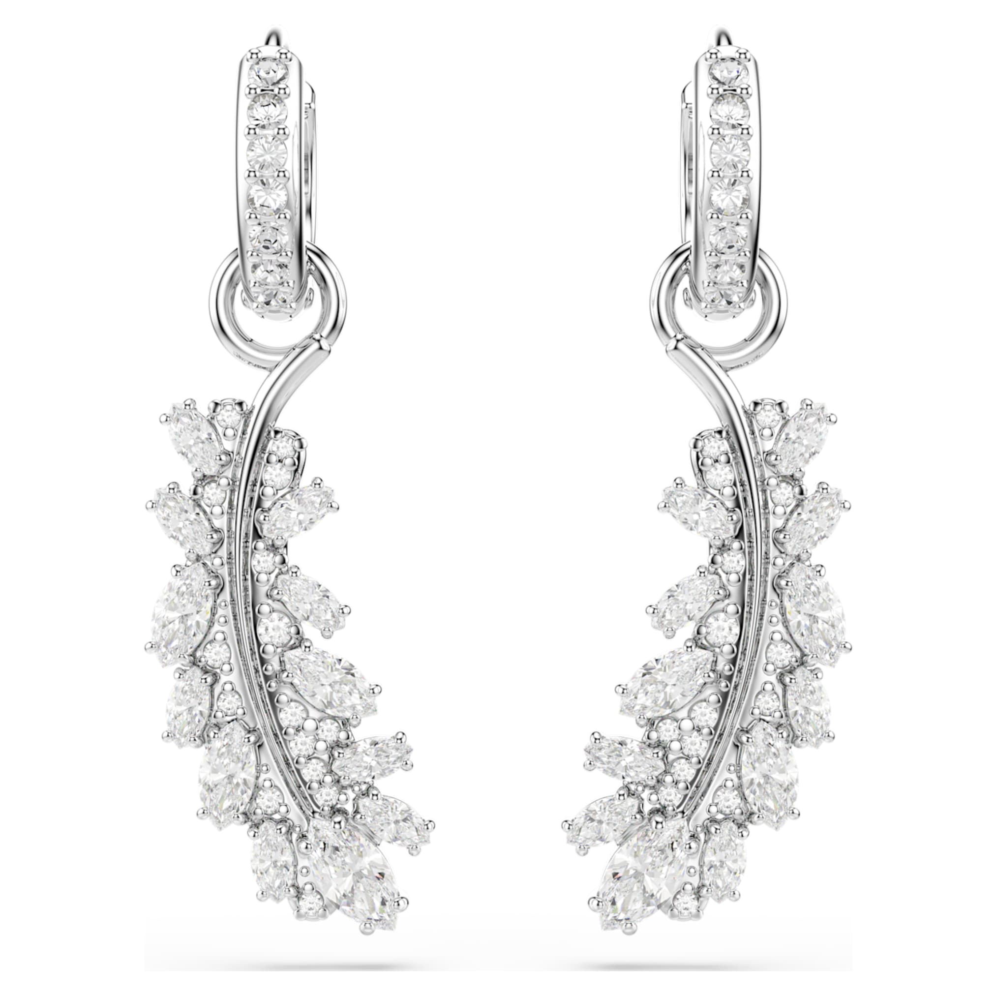 Swarovski Vienna earrings Mixed cuts, Feather, White, Rhodium plated